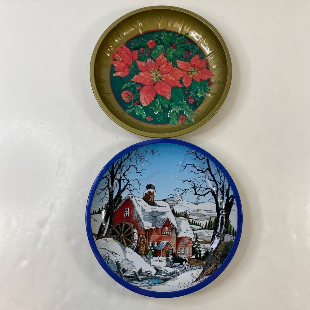 Set 2 Holiday-Themed Metal Serving Trays With Winter Scene & Poinsettia Design